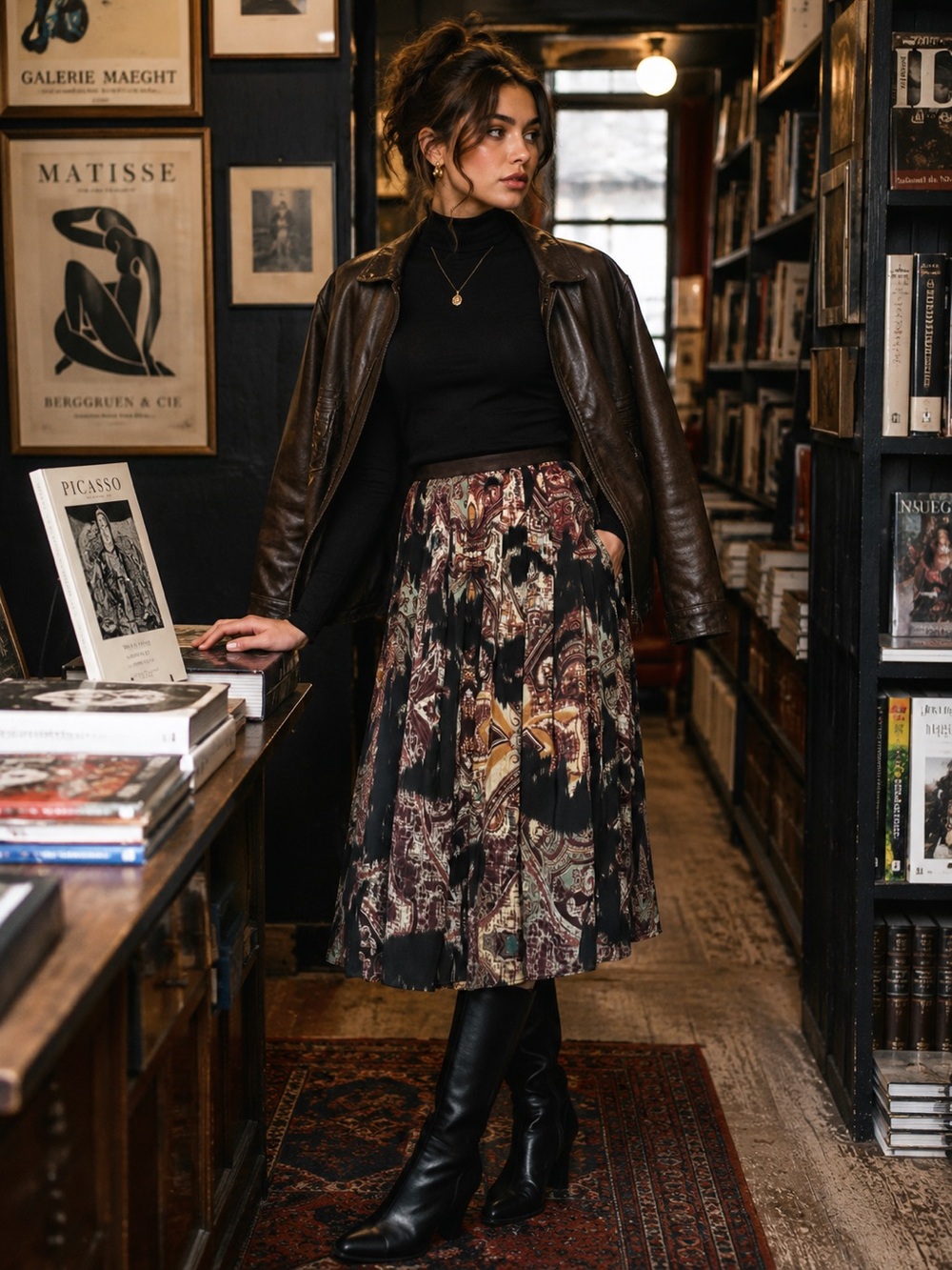 JNY Vintage Pleated Midi Skirt 8P Paisley Abstract Print Dark Gallery Academia